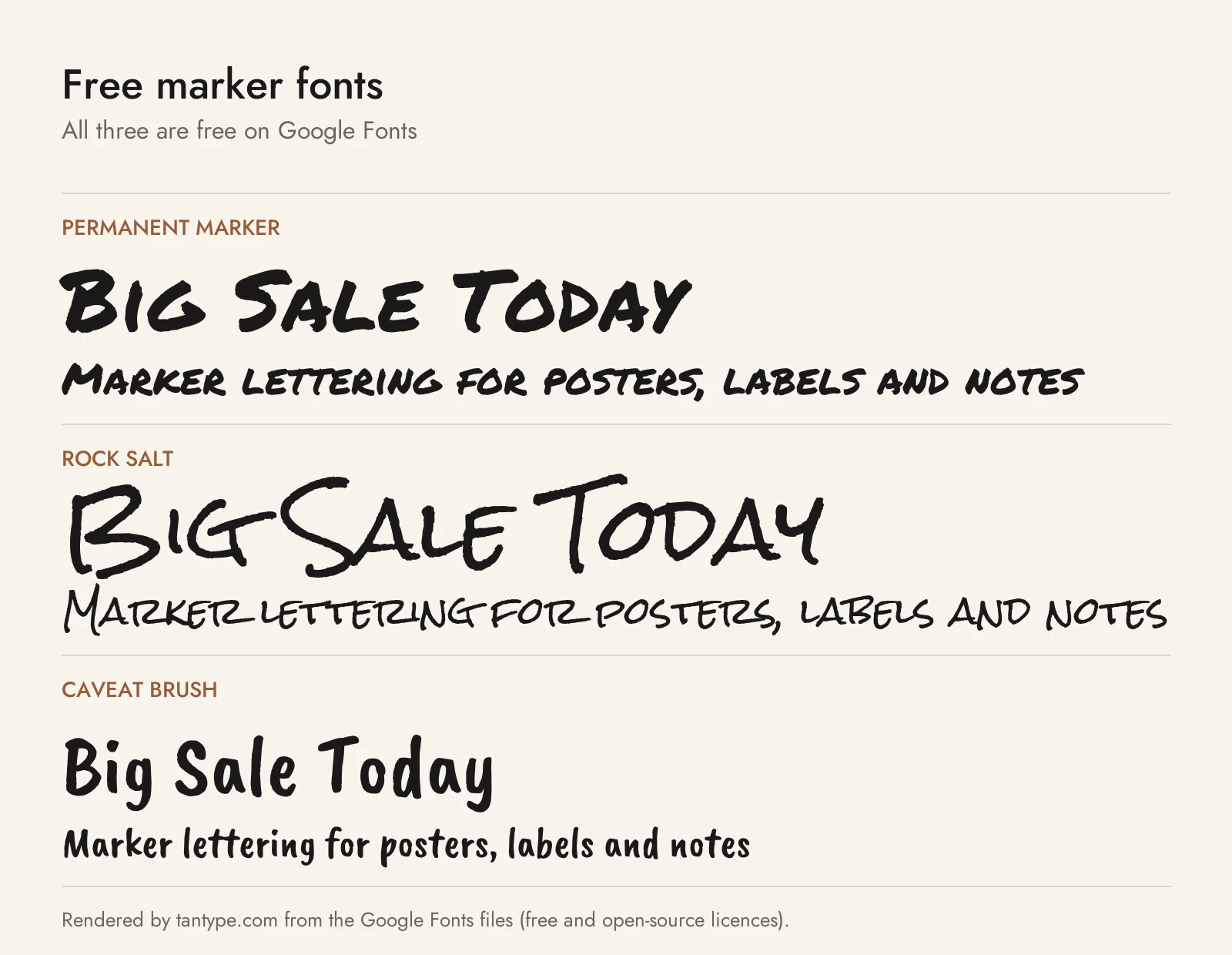 Free marker font comparison: Permanent Marker, Rock Salt and Caveat Brush from Google Fonts