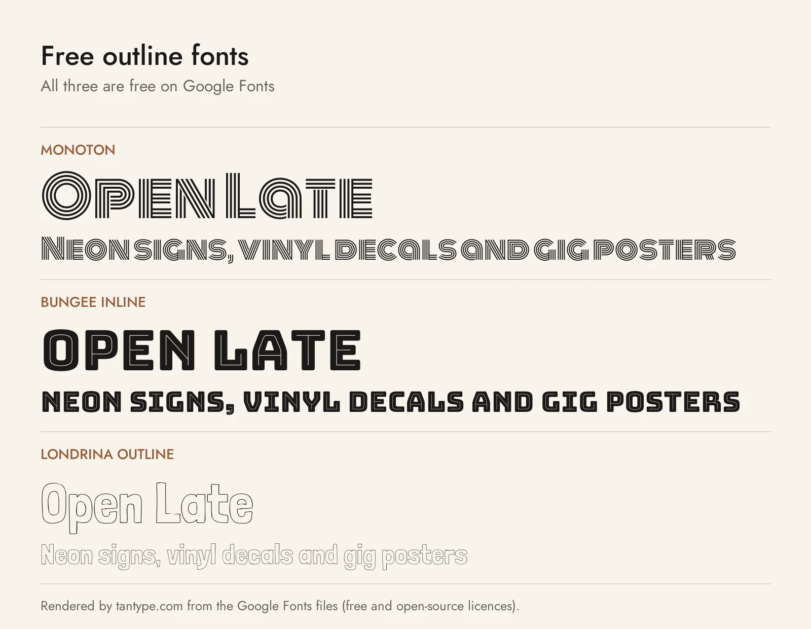 Free outline fonts from Google Fonts: Monoton, Bungee Inline and Londrina Outline compared