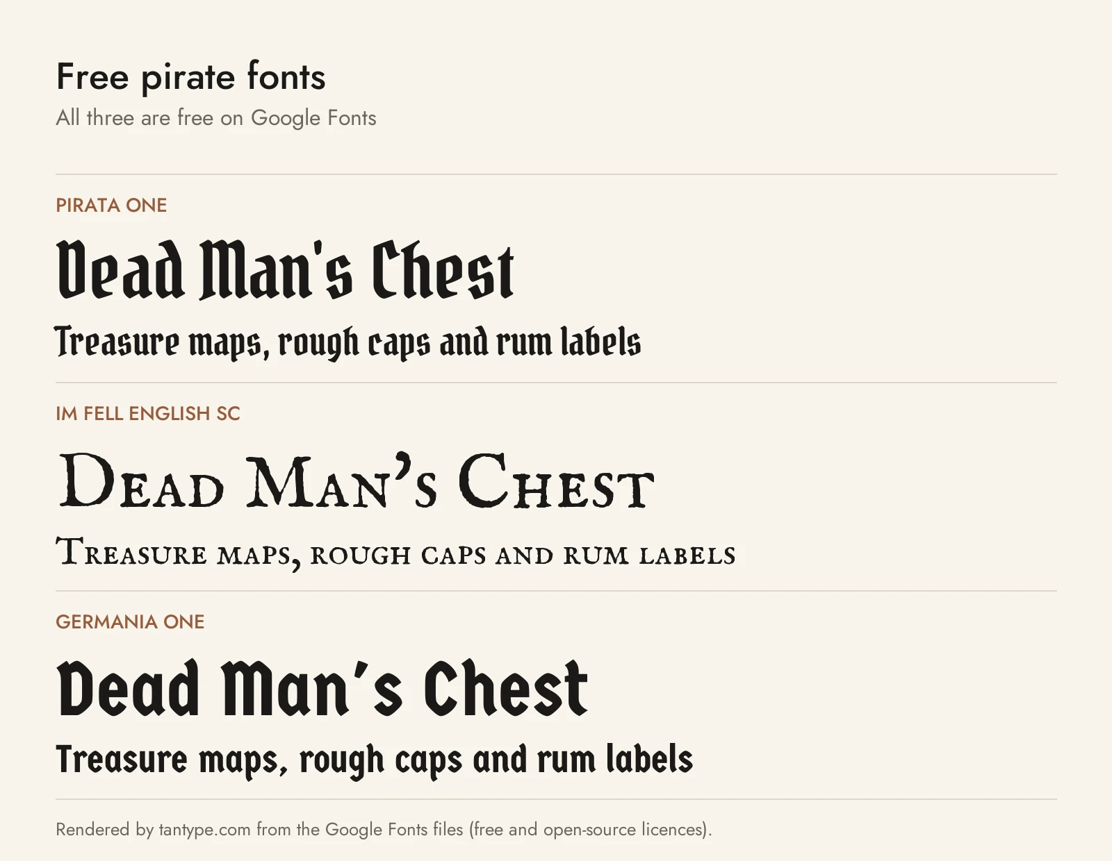 Free pirate fonts from Google Fonts: Pirata One, IM Fell English SC and Germania One compared