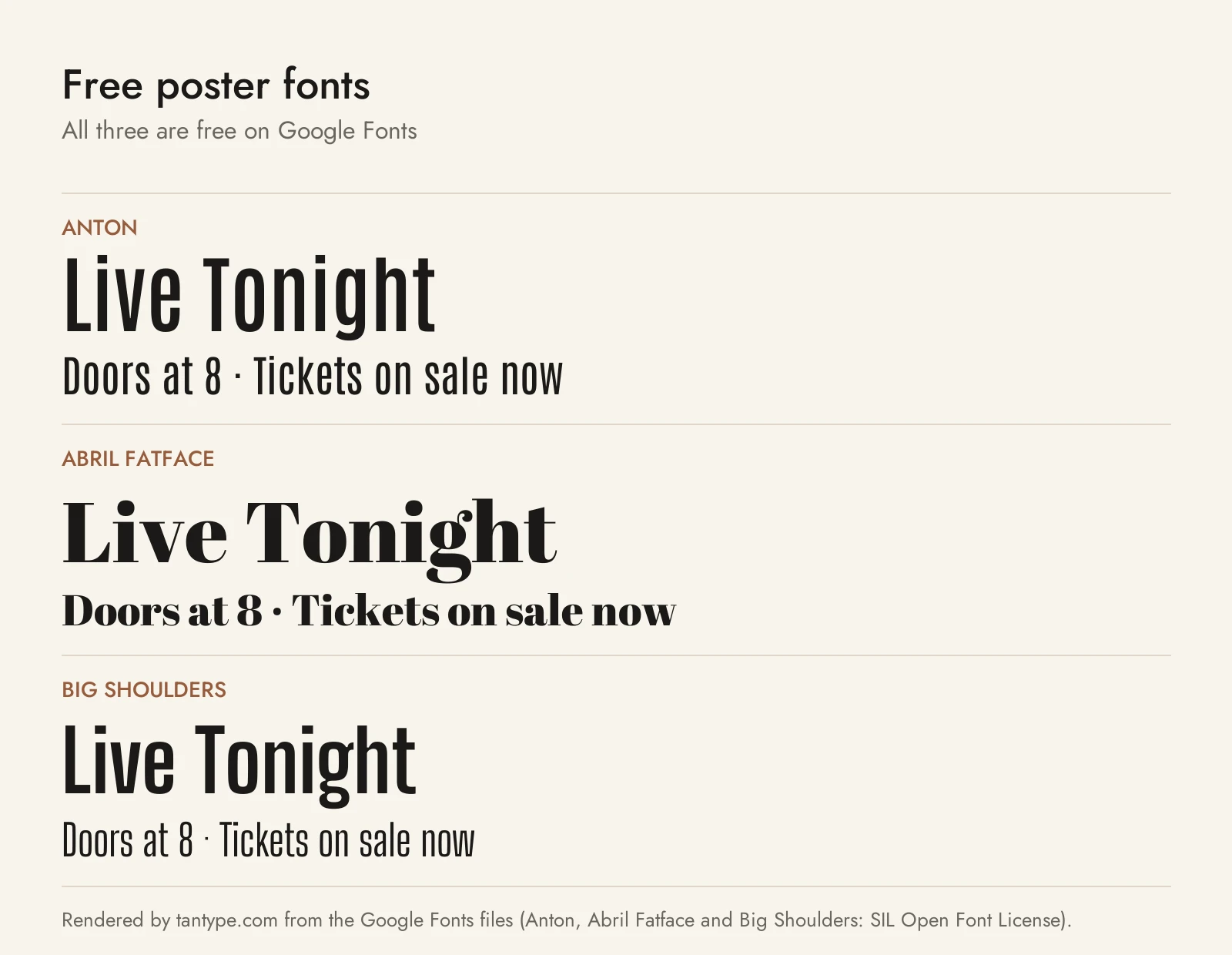 Free poster fonts from Google Fonts: Anton, Abril Fatface and Big Shoulders compared