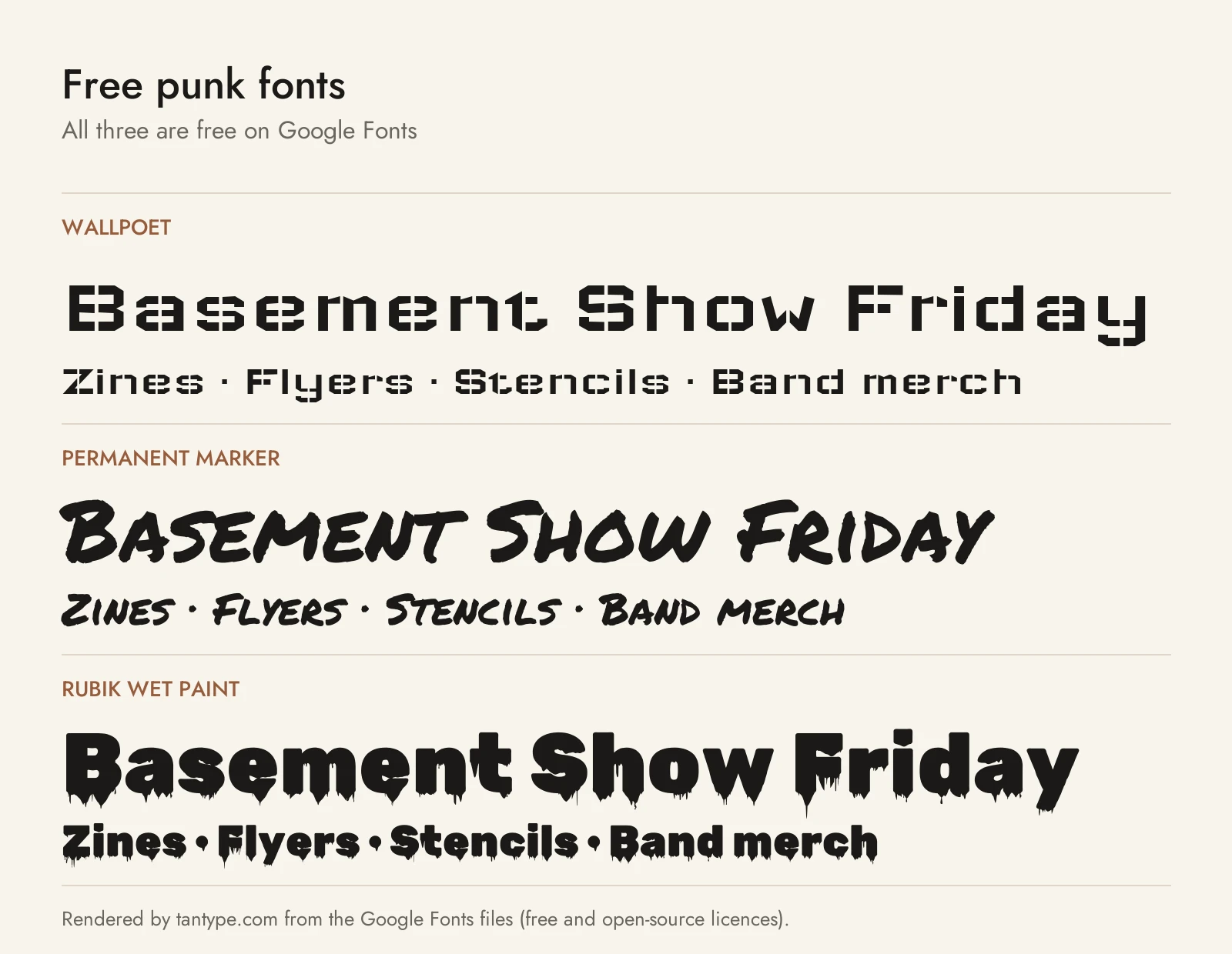 Free punk rock fonts from Google Fonts: Wallpoet, Permanent Marker and Rubik Wet Paint compared
