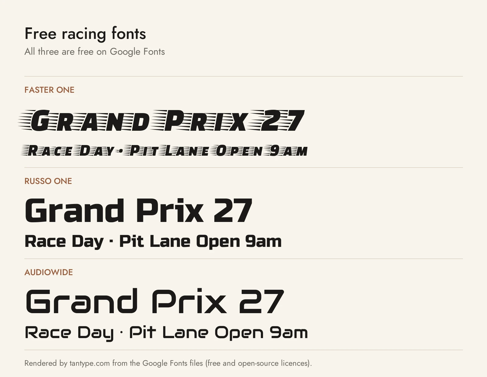 Free racing fonts compared: Faster One, Russo One and Audiowide from Google Fonts