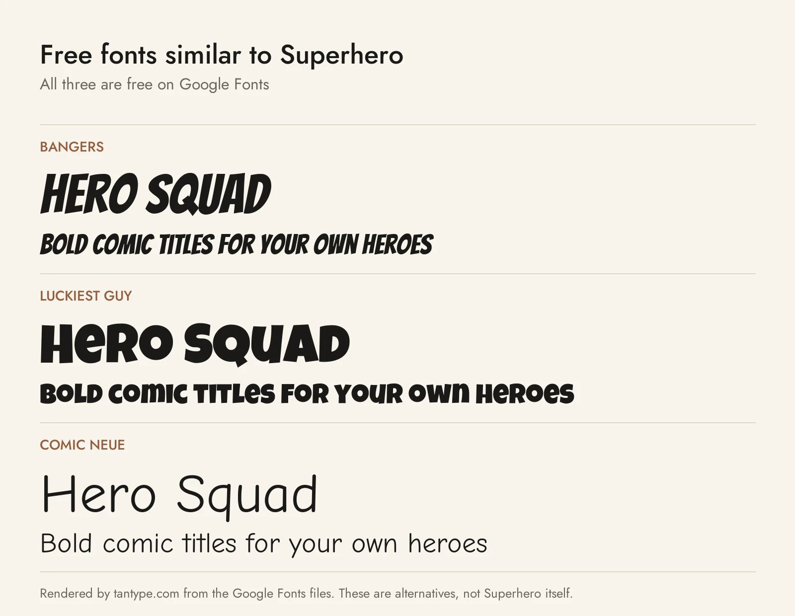 Free superhero fonts compared: Bangers, Luckiest Guy and Comic Neue