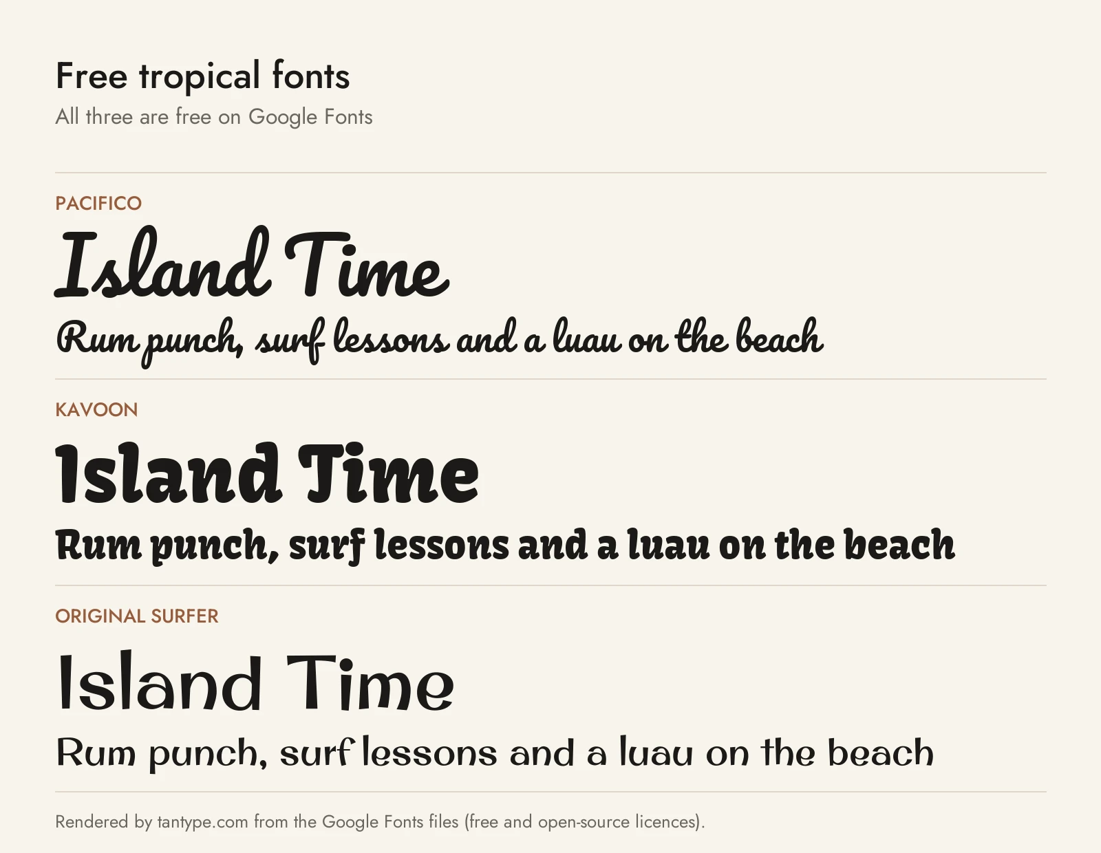 Free tropical fonts compared: Pacifico, Kavoon and Original Surfer from Google Fonts