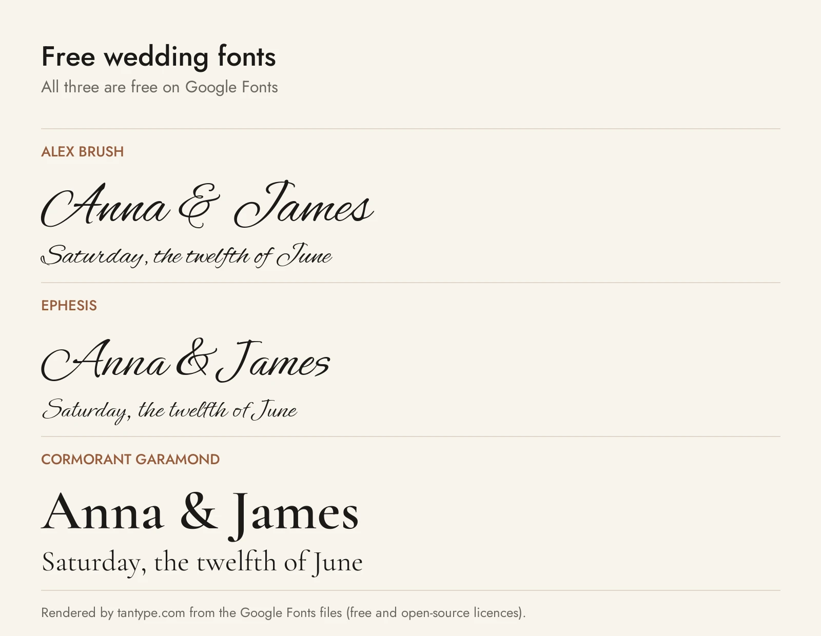Free wedding fonts from Google Fonts: Alex Brush, Ephesis and Cormorant Garamond compared