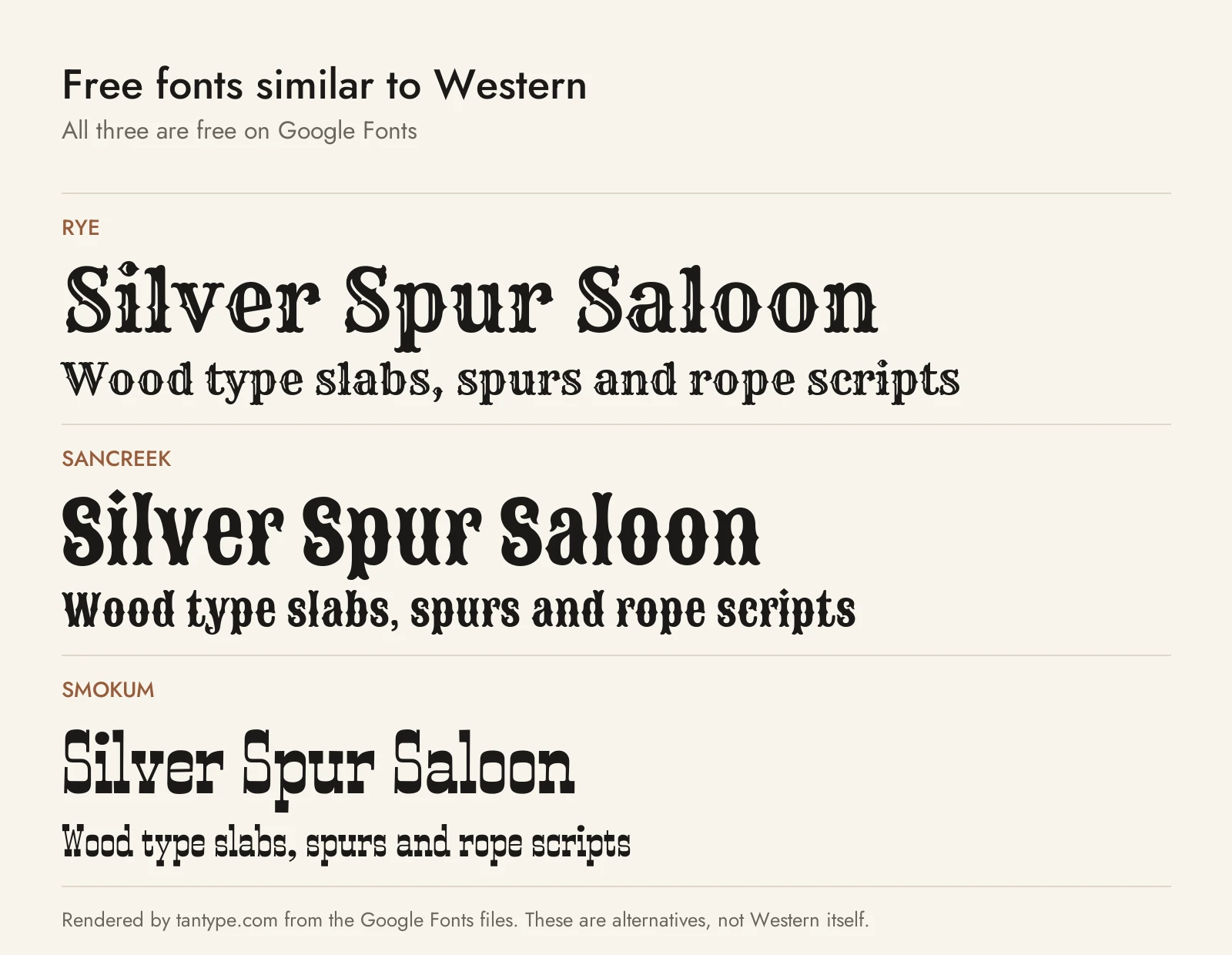 Free western fonts from Google Fonts: Rye, Sancreek and Smokum compared