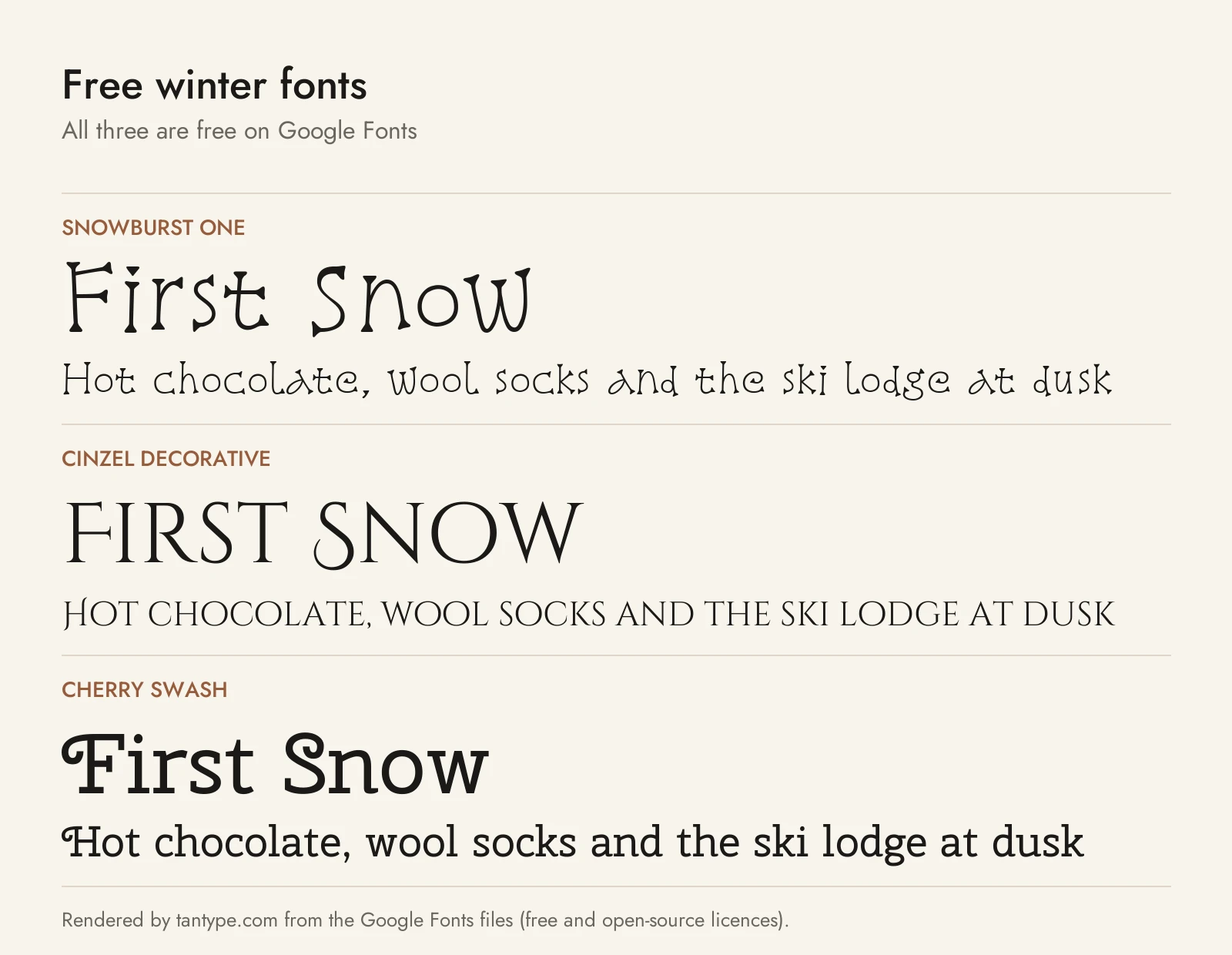 Free winter fonts compared: Snowburst One, Cinzel Decorative and Cherry Swash from Google Fonts