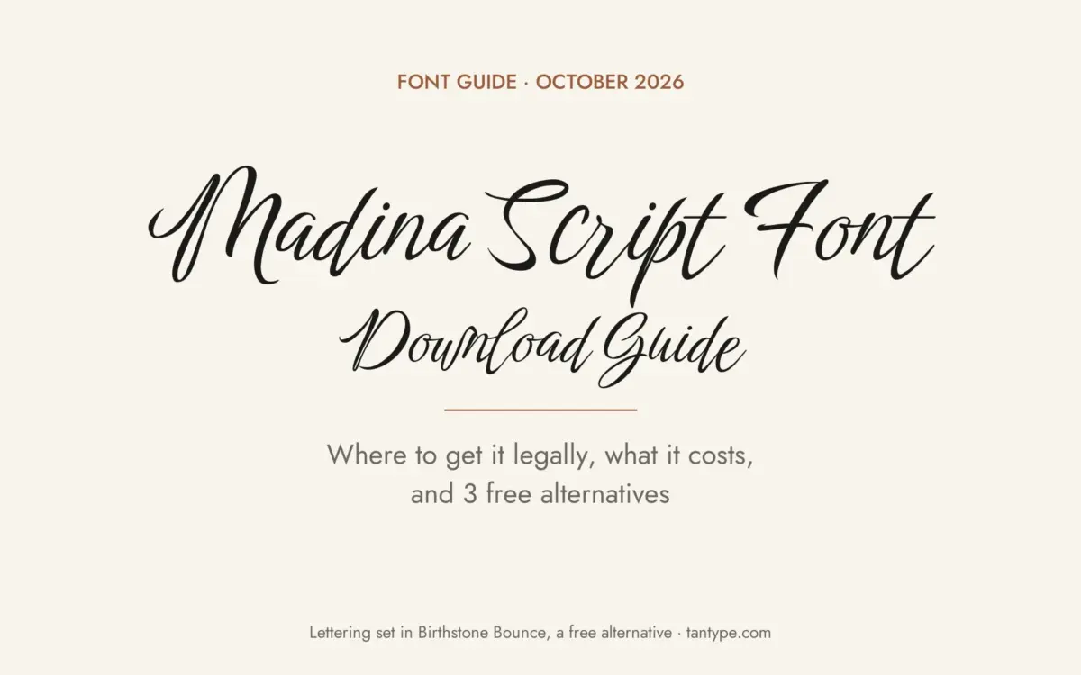 Madina Script font free download guide: commercial brush script by Sam Parrett, brush and Clean styles, and 3 free alternatives