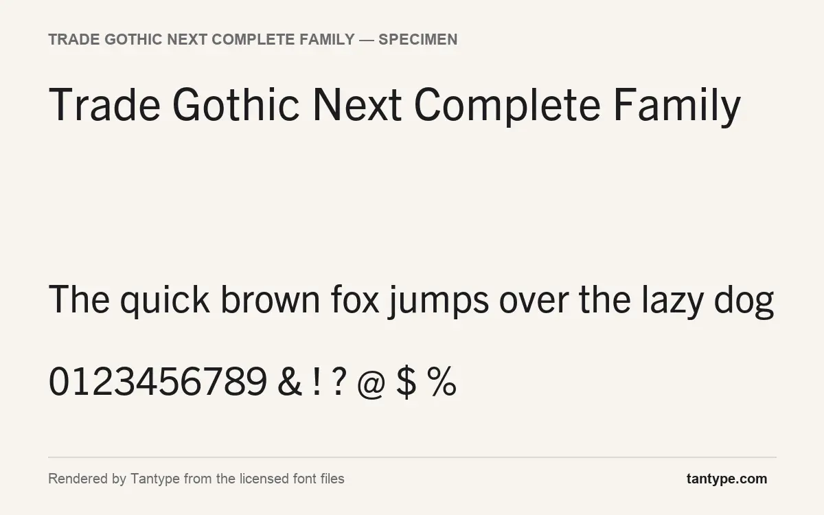 Trade Gothic Next Complete Family specimen