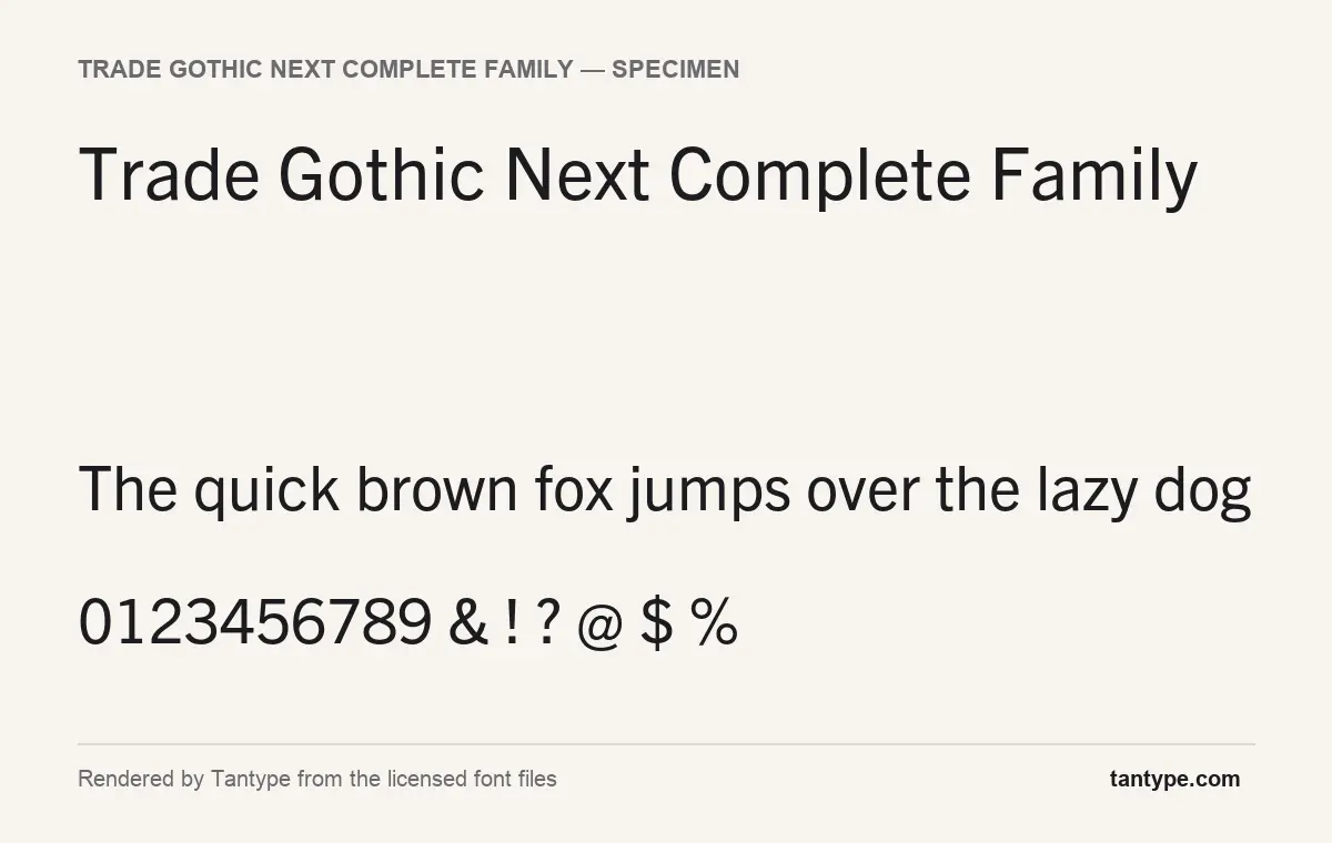 Trade Gothic Next Complete Family font specimen showing the alphabet and numerals