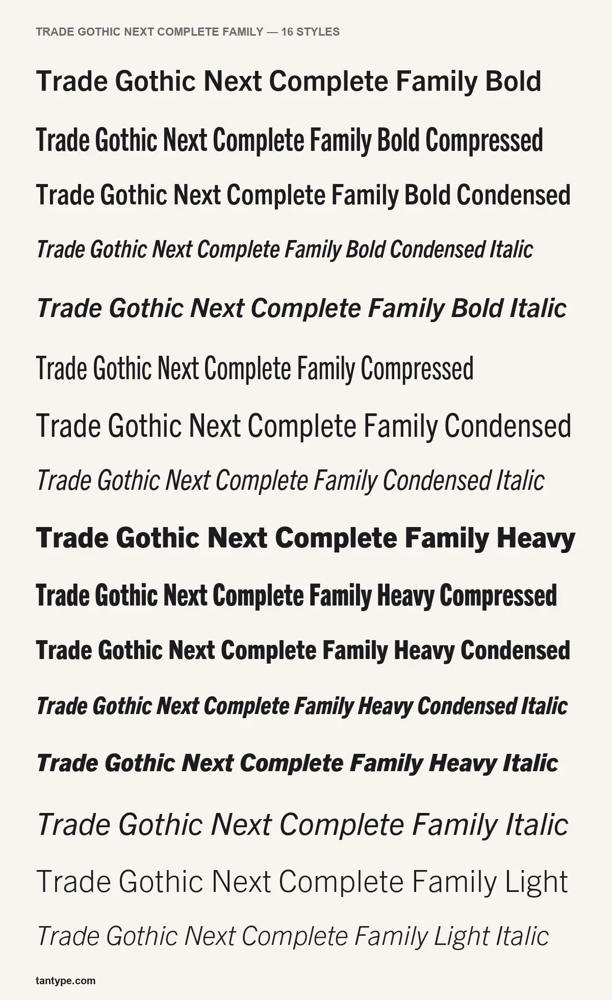 All 17 styles of Trade Gothic Next Complete Family