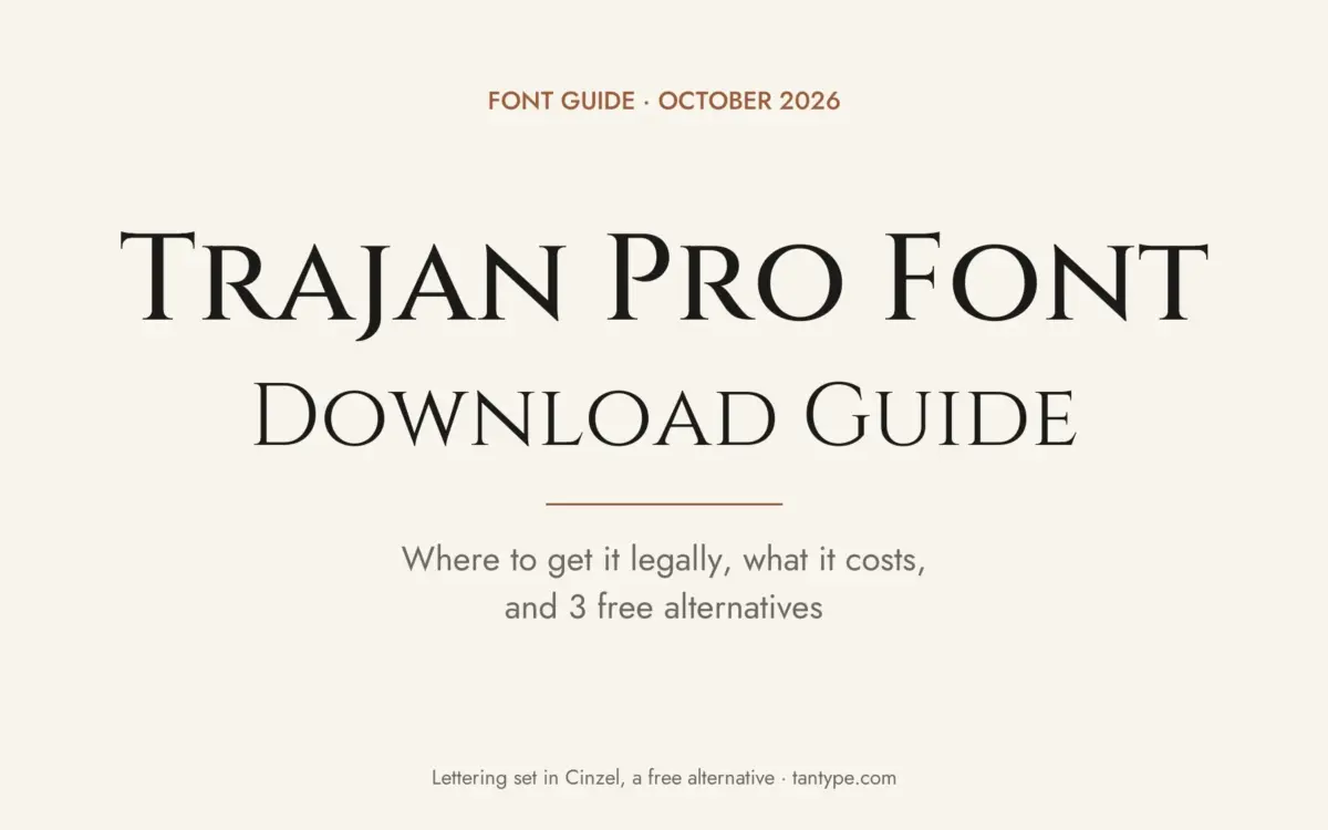 Trajan Pro font free download guide: commercial Adobe typeface, MyFonts prices, Adobe Fonts access and 3 free alternatives